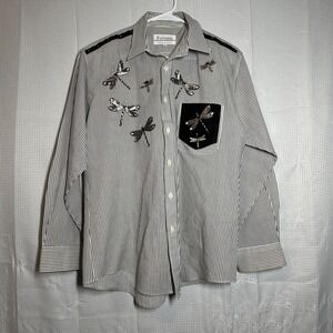 Fortune Shirt Striped Dragonfly Embroidery Button Up Black White M USA Made
